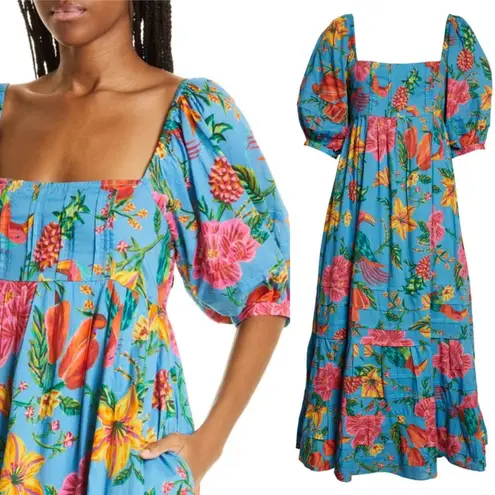 Farm Rio Toucans Garden Blue Floral Puff Sleeve Open Back Midi Dress XS