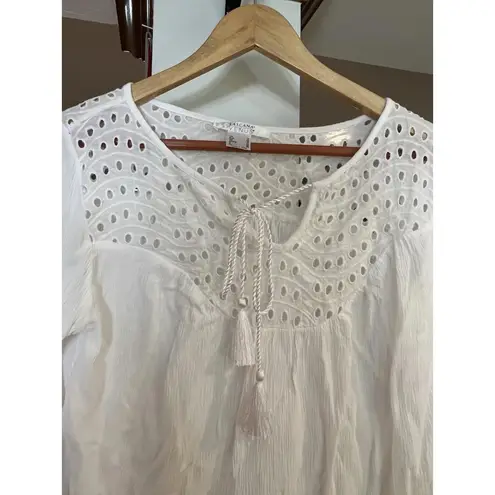 Lascana for Venus White Peasant Blouse Size M Eyelet Lace Tassel Boho Top Size M