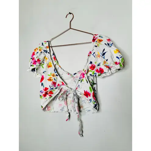 MARISSA WEBB x RTR White Floral Printed Short Sleeve Puff Sleeve Wrap Top Size M Size M