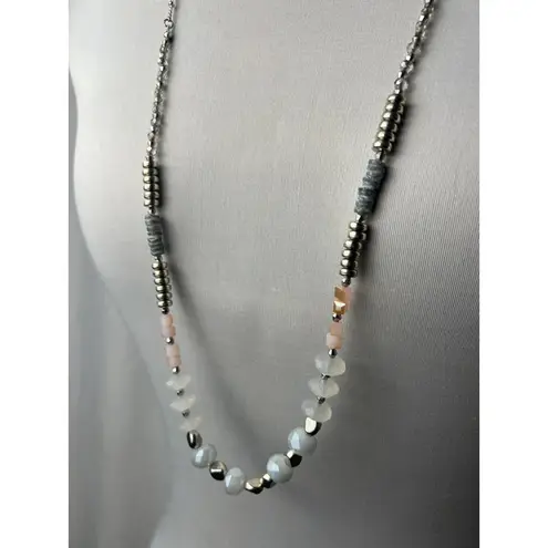 vintage long beaded silver necklace with pink and white beads