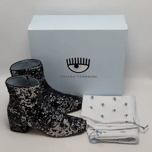 Chiara Ferragni Articolo Tomaia Black Sequin Glitter Ankle Boots Size 37
