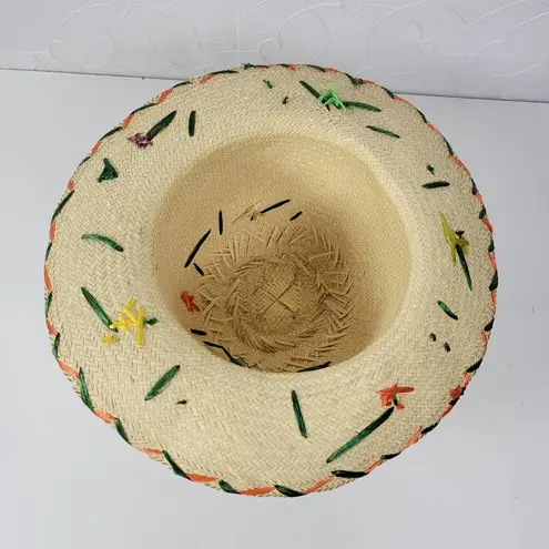 Raffia Floral Embellished Flat Brim Summer Sun Hat Cream Straw Multicolor