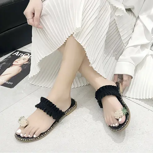 Pearl pineapple black ruffle sandals 7