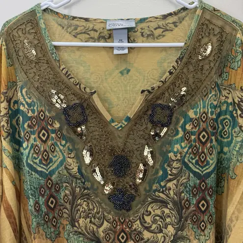 Catherines Yellow Floral Beaded Sequins 3/4 Sleeve Top Size 4X