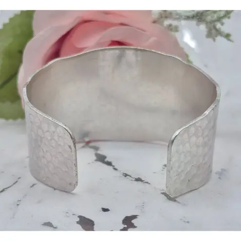 None Brushed Silver Tone Hammered Wide Cuff Bracelet Brutalist Statement Piece
