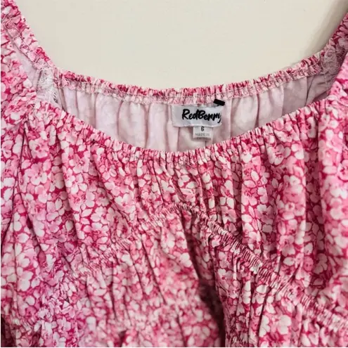 Women’s Red Berry Puffy Long Sleeve Cropped Pink White Elastic Floral Top Size 6