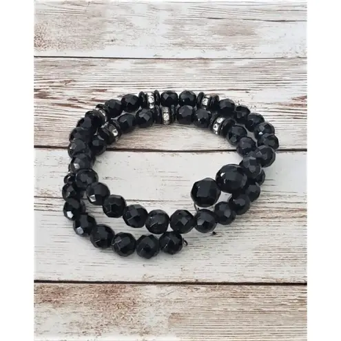 Vintage Bracelet Black Faceted Gem with Clear Gems Wrap Bracelet
