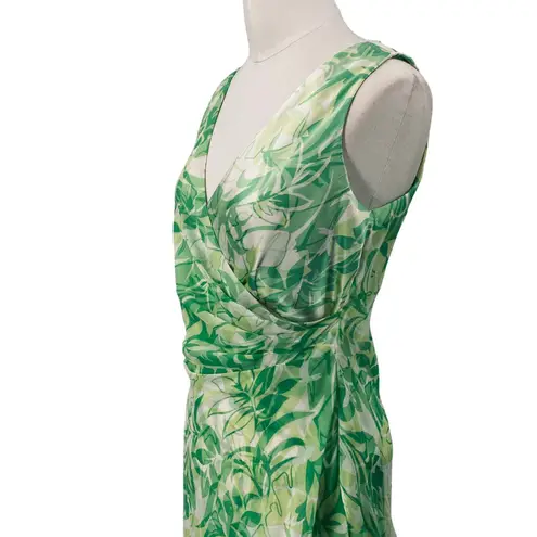 Vintage Y2k Silk Dress Floral Leaf Printed Faux Wrap Sleeveless Gathered Green Size 8