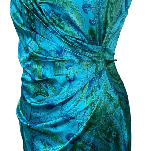 Lauren Ralph Lauren Dress Satin Wrap Top Ruched Teal Paisley Women’s Size 14 Blue