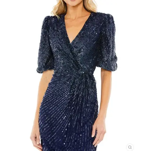 Mac Duggal 5578 Womens Sequined V Neck Short Puff Sleeve Midi Dress