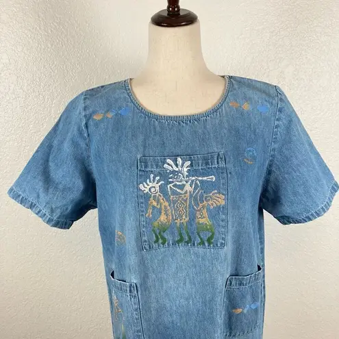 Vintage 90s Y2K Kokopelli Cactus California denim shift dress women’s S USA  Blue