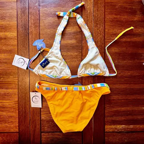 NWT Y2K Buzois Orange White Blue Stripe Halter Top Bikini Set Size Large