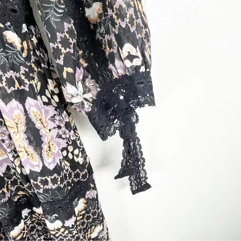 EASEL Black Floral Sheer Lace Inset Double Front Ties Kimono Cardigan Medium