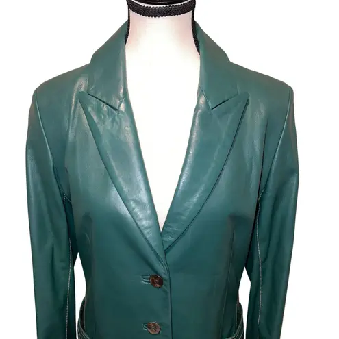 Di Vita Green Buttery Soft Italian Leather Blazer Contrast Stitch Zippers Size 6