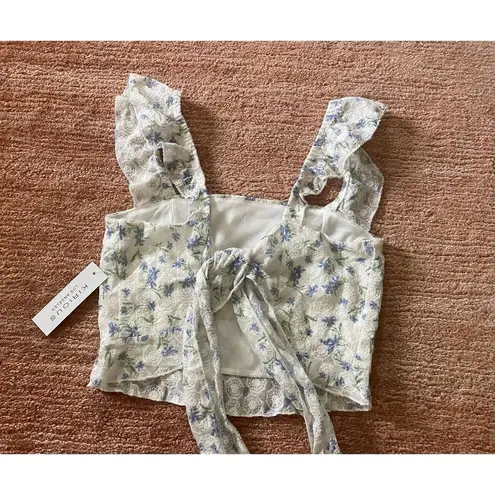 Kirious Los Angeles Embroidered Floral Crop Top L Ruffle Straps Tie Back NWT White Size L