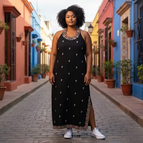 Kenar Vintage Black with Floral Embroidery Linen Blend Halter Maxi Dress Size 14