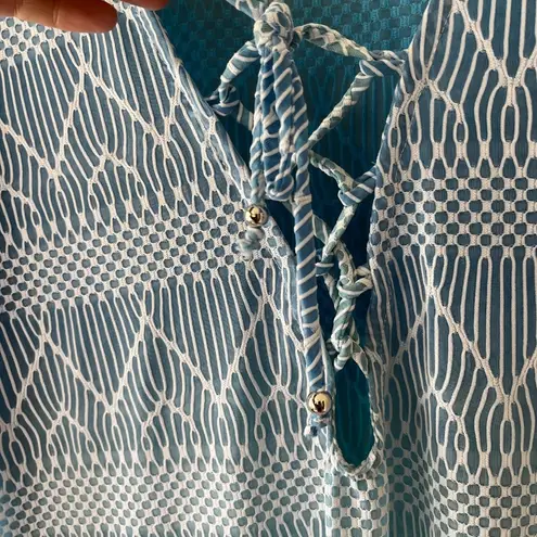 Lace Up Swim Cover Up Tunic Stretch Side Slits V Neck Semi Sheer Size L Blue Size L