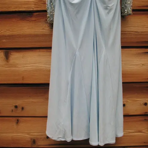 Mac Duggal 26485 Blue Foldover Long Sleeve Jeweled Midi Dress