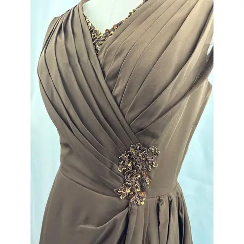 Elegant Brown Evening Gown With Beaded Embellishments & Pleated V