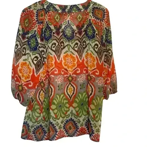 Tribal Boho Peasant Sheer Blouse Size 6 Southwestern Aztec Hippie Flowy Colorful