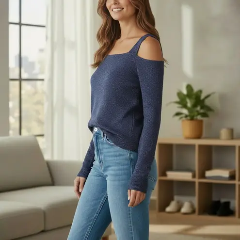 Massimo Dutti . Italian Yarn. Cold Shoulder Sweater. Spain. Blue Marled. Size L