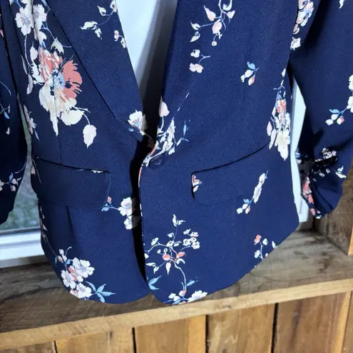 Crescent & Willough Women's Blazer Size M Navy Blue Floral One Button 3/4 Sleeve Size M