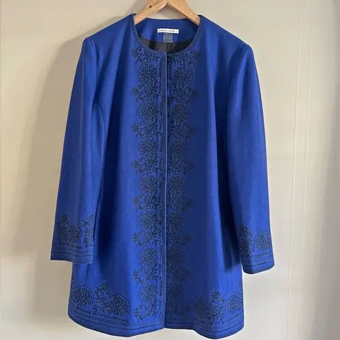 Peter Nygard Vtg Blue Wool Embroidered Coat 14P Longline Button Front Boho Chic