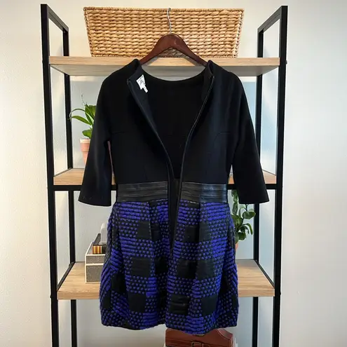 Milly Wool Blend & Lamb Leather Ponte Jacquard Dress w/Pockets, 6