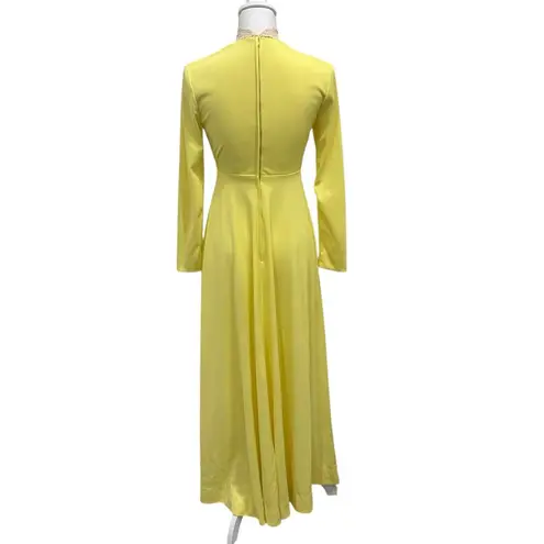 Vintage 1970s Victorian Edwardian Revival Yellow Lace Neck Maxi Dress Costume XS