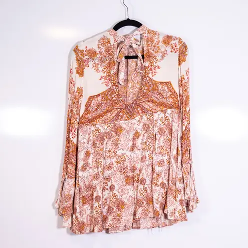 Free People Lady Luck High Neck Long Sleeves Cut Out Back Mini Tunic Dress Ivory