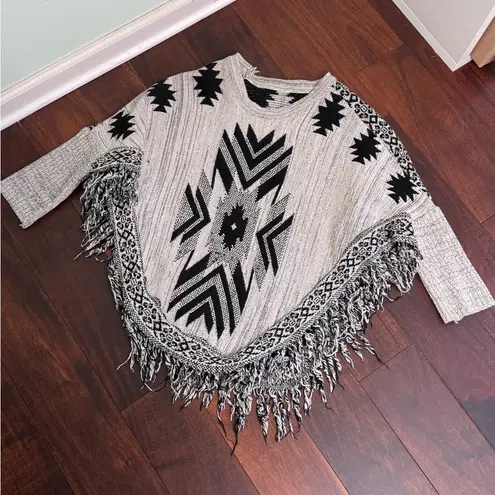 Crazy Train Black and Cream Aztec Print Fringe Poncho Sweater