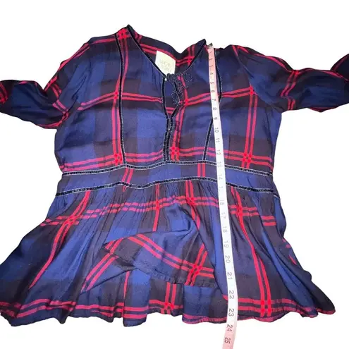 Thread and Supply  Navy and Red Plaid Peplum blouse w/ tie closure Size Medium