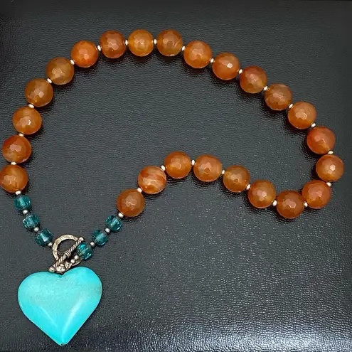 Handmade Agate Stone Crystal Faux Turquoise Heart Pendant Toggle Chunky Necklace