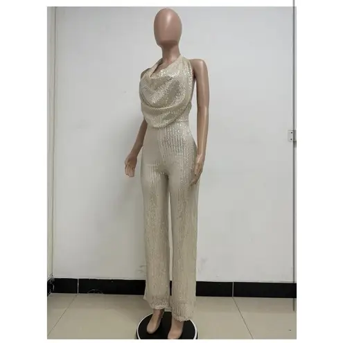 Curvy Plus XXL Gold Sexy Halter Cowl Neck Sparkly Jumpsuits Sleeveless Sequin
