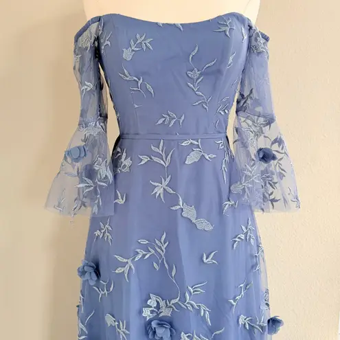 Marchesa Notte Dusty Blue Floral Bridesmaid Gown Tulle Off Shoulder Size 2