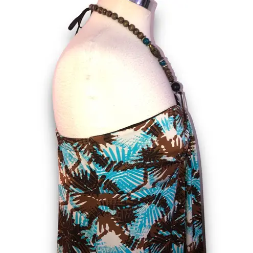 Roz & Ali Y2K  Beaded Halter Maxi Dress Blue Brown Print Boho Flowy size:12