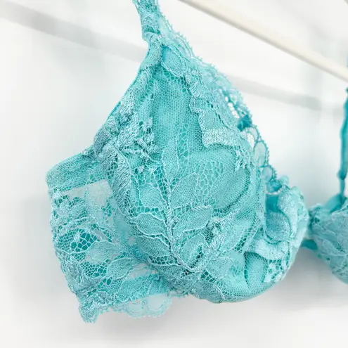 La Perla Vintage Lingerie Coquette Plunge Lace Underwire Bra Size 36B Turquoise