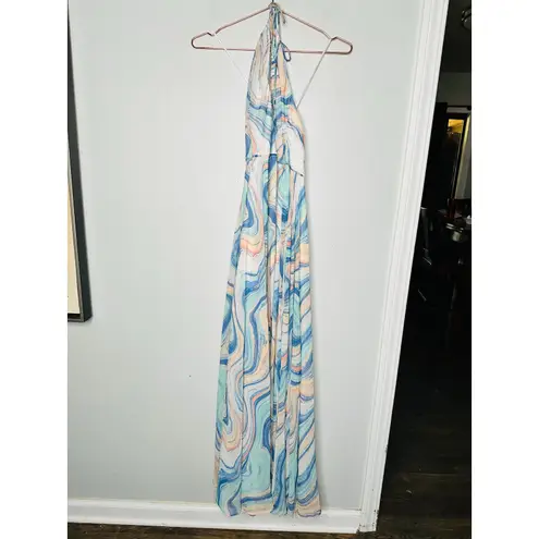 LIV FOSTER Blue Orange Abstract Watercolor Wave Pattern Halter Neck Maxi Size 6