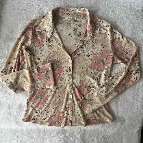 Women's 90s y2k Illusion Beige Pink Floral Long Sleeve Sheer Button Down Size M Size M