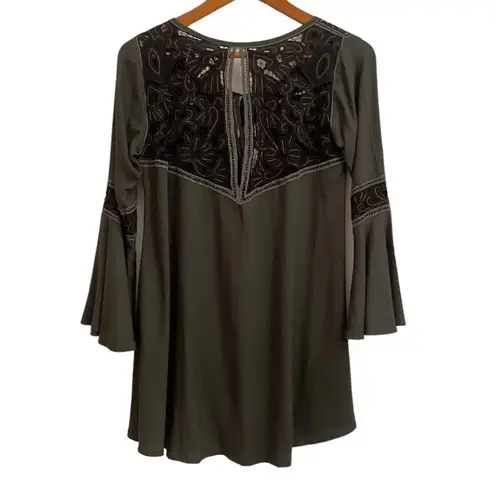 Cleobella Lili Bohemian Hippie Bell Sleeve DeepV Mini Dress in Gunmetal Gray S