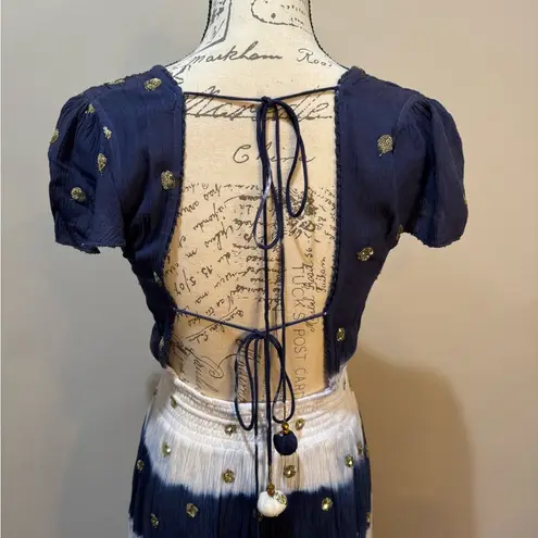 GOA Paris Blue & White Asymmetric Hem V Neck Midi Dress Floaty Fairycore Sz M Size M