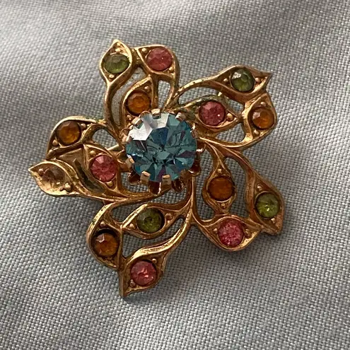 1” Flower Brooch Pin Gold Tone Stones Blue Pink Yellow Green Multicolor Floral