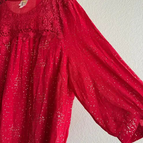 Plus Size 3X Red Metallic Blouse Crochet Yoke Long Sleeve Sparkle Evening Top