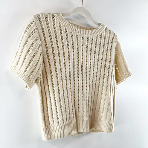 Elodie  Short Sleeve Crochet Knit Cropped Sweater Tee Shirt Tan Beige Small