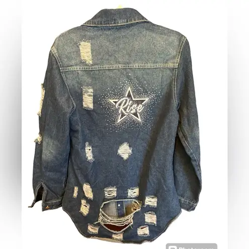 Women’s Jean Jacket distressed denim rhinestone Rise design on back Size M NWOT Blue Size M