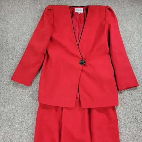Karen Scott Vintage Womens Suit 8 Red Black Piping Single Button Jacket Skirt