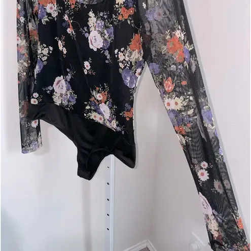 White Birch  Floral Print Mesh Bodysuit Women’s Small Long Sleeve Black Sheer Boho