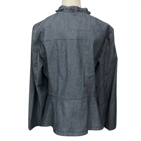 Sandro Studio Ruffle Trim Zip Front Jacket Blue Long Sleeve Plus Sz 1X Workwear