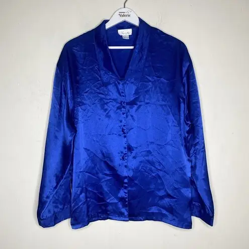 Inner Most Vintage Blue Satin Polyester Blouse Pajama Top Sleep Shirt Size Med