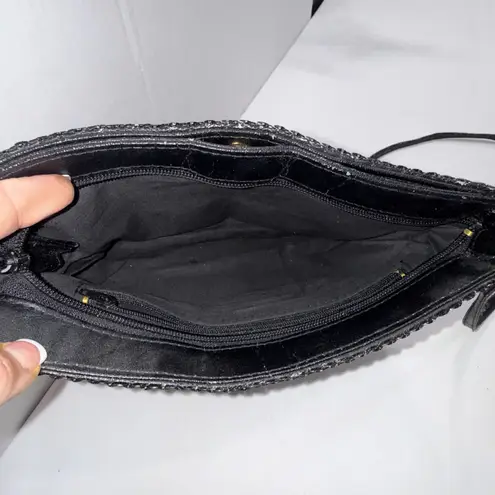 Vintage 1980's Black Convertible Ecru Metal Mesh Crossbody Bag Purse Handbag